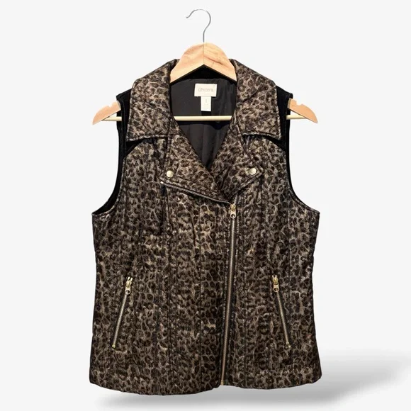 Chico’s Animal Print Puffer Vest Brown Metallic Black Size 1 (US Size M) - Picture 1 of 10